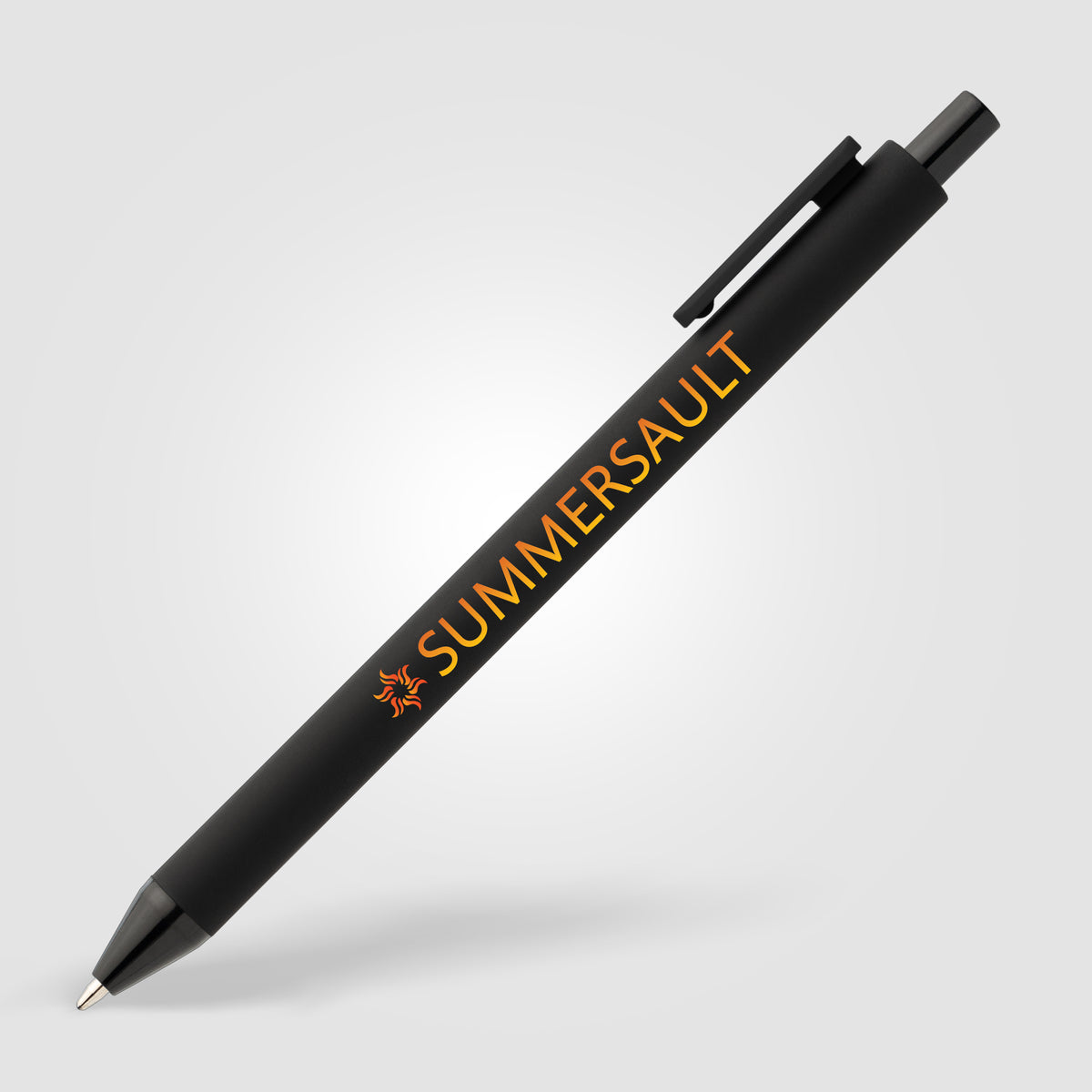 Stylo Bloom en plastique recyclé avec corps soft-touch et mécanisme rétractable