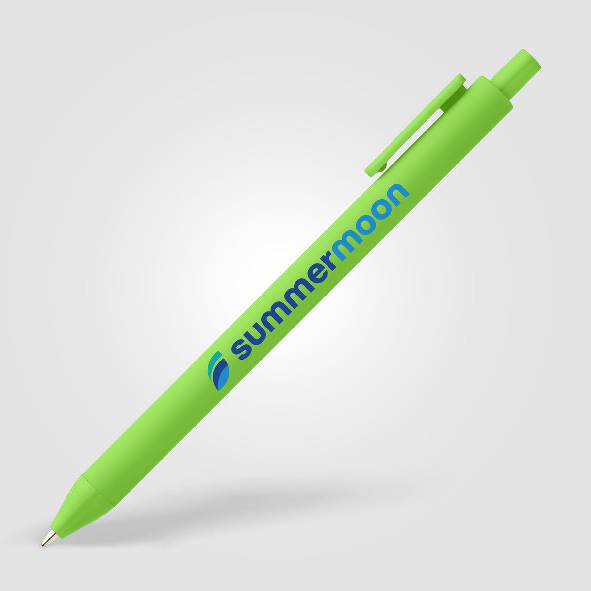 Stylo Bloom en plastique recyclé avec corps soft-touch et mécanisme rétractable