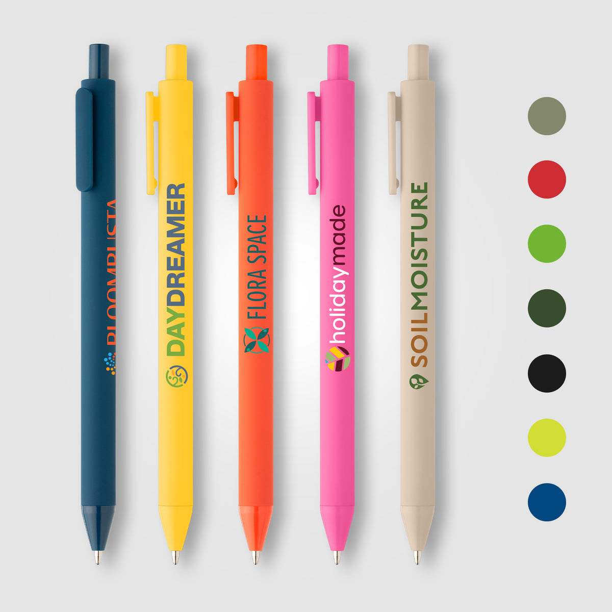 Stylo Bloom en plastique recyclé avec corps soft-touch et mécanisme rétractable