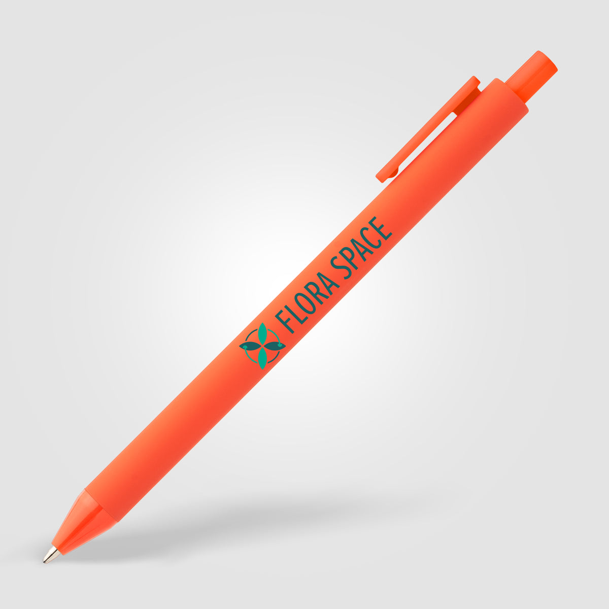 Stylo Bloom en plastique recyclé avec corps soft-touch et mécanisme rétractable