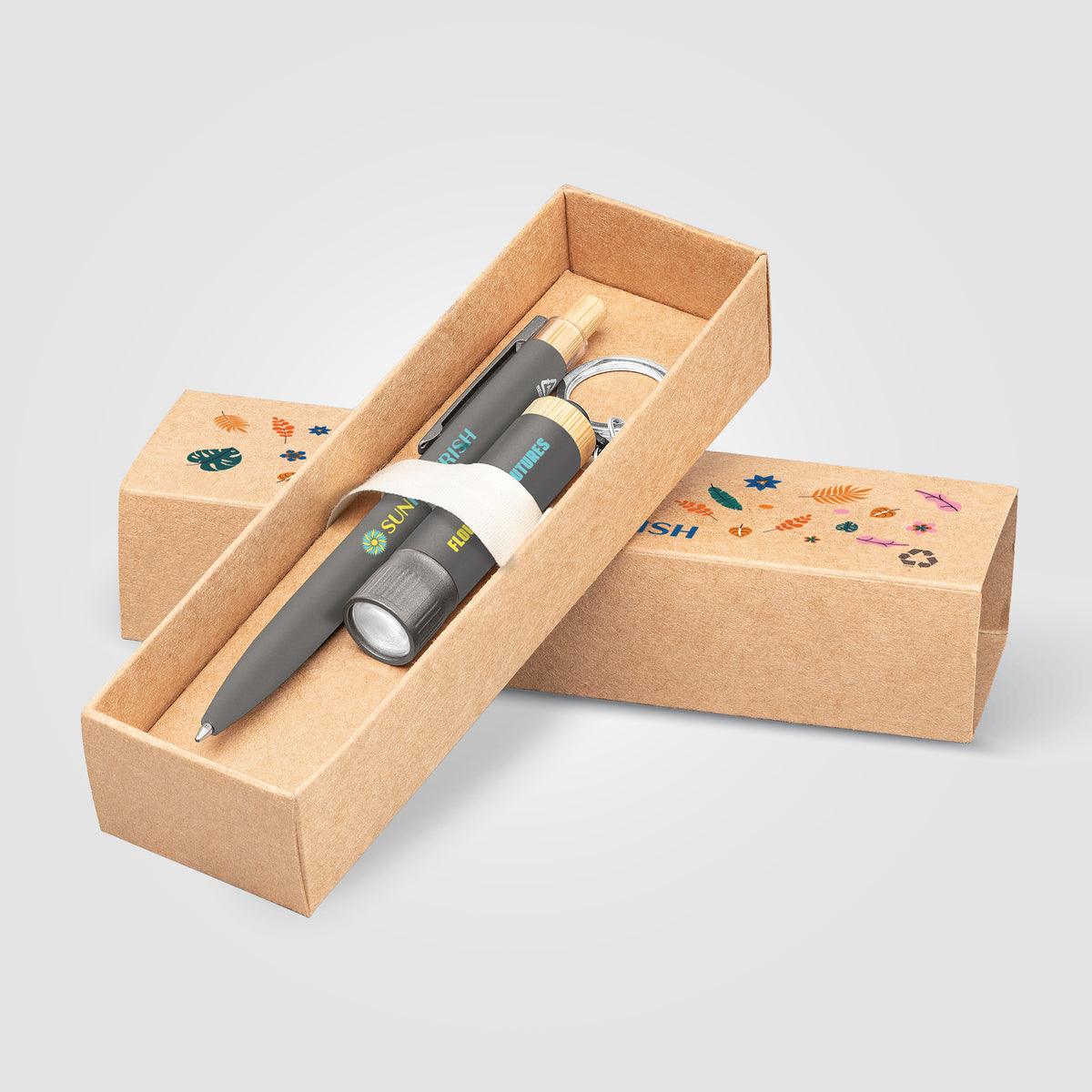 Coffret cadeau Reborn, stylo et lampe torche, aluminium recyclé avec accents en bambou - impression 