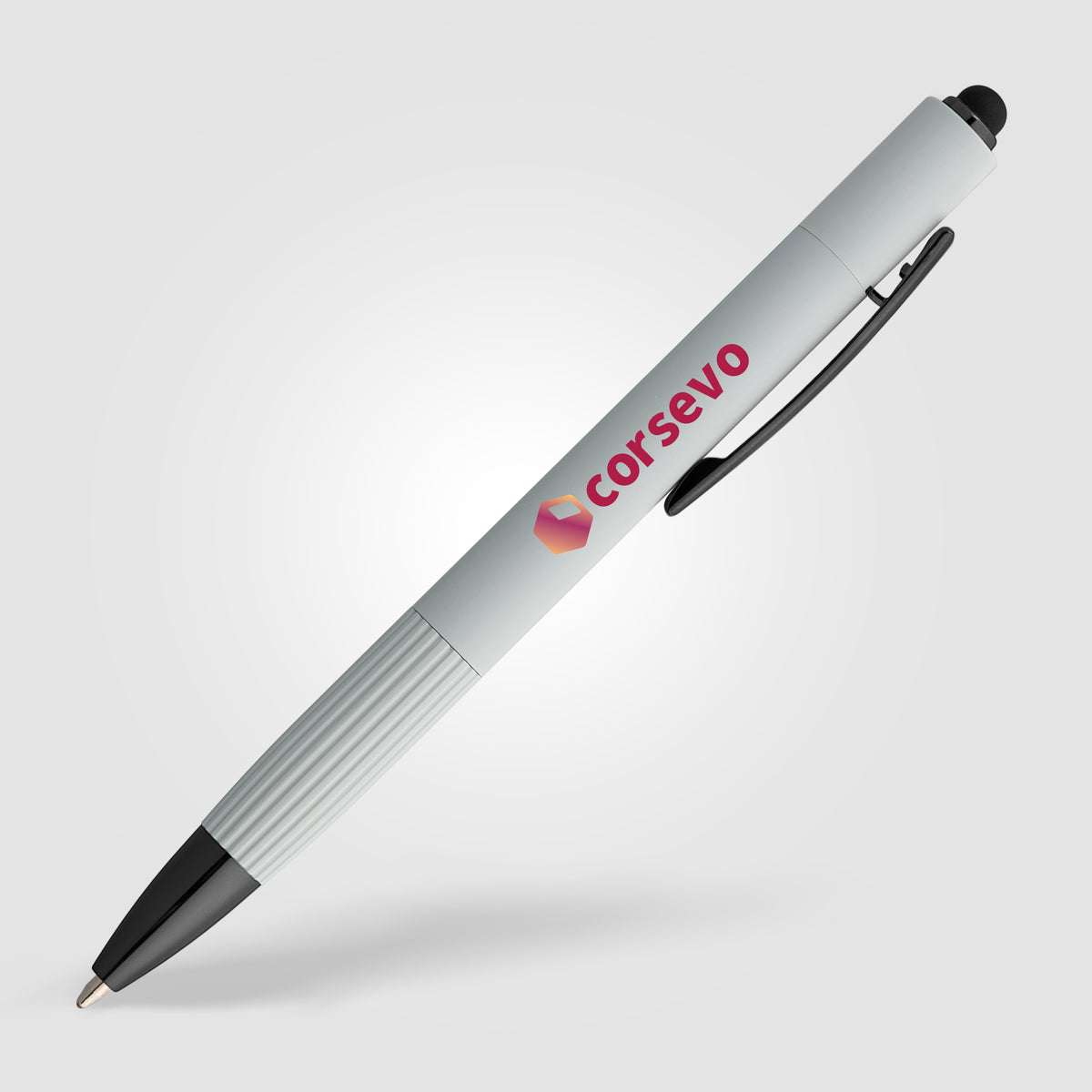 Stylo à bille Saga, aluminium recyclé, mécanisme à bouton-poussoir et stylet