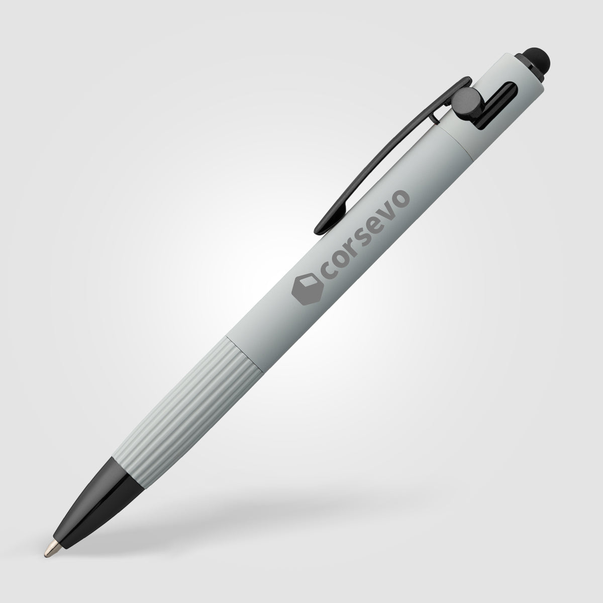 Stylo à bille Saga, aluminium recyclé, mécanisme à bouton-poussoir et stylet