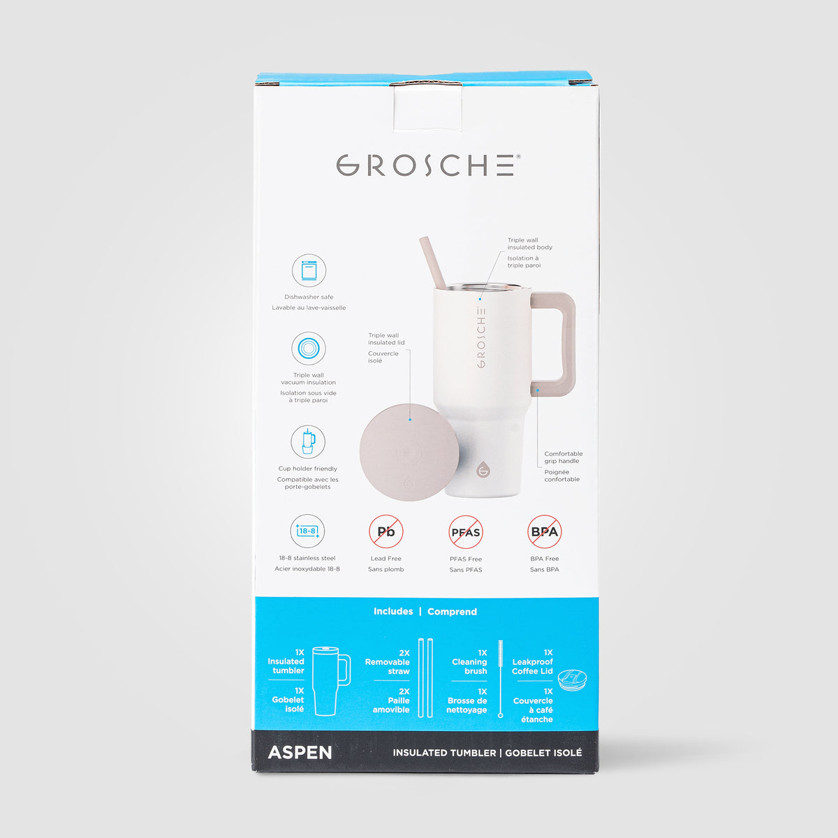 Mug et gobelet GROSCHE Aspen isotherme 2-en-1 en acier inoxydable avec paille – 945 ml