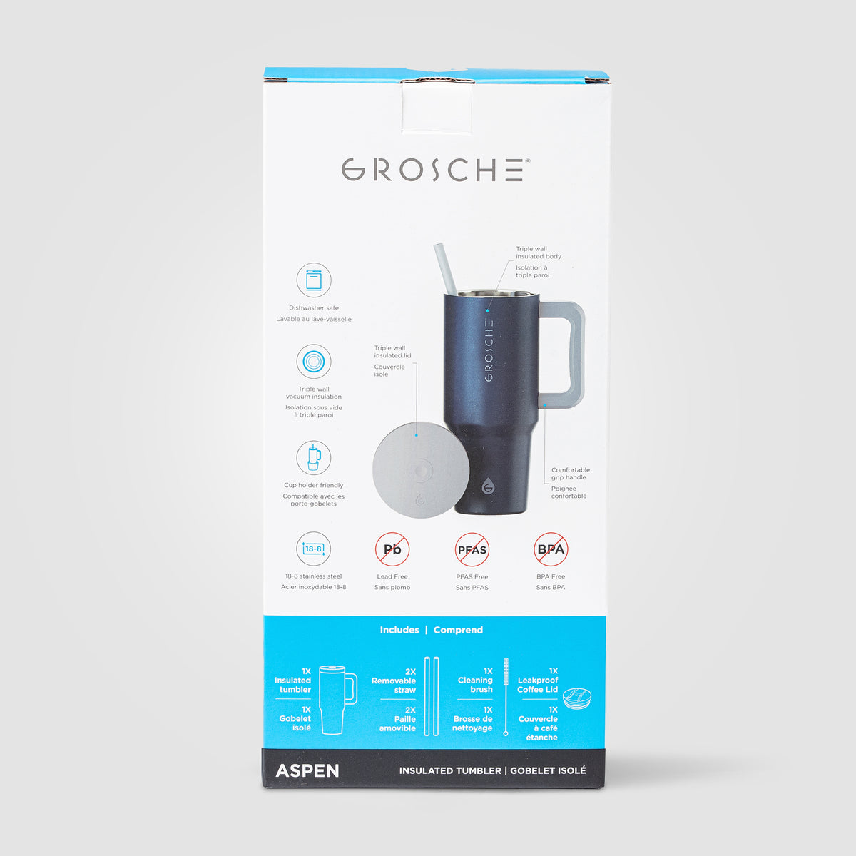 Mug et gobelet GROSCHE Aspen isotherme 2-en-1 en acier inoxydable avec paille – 945 ml