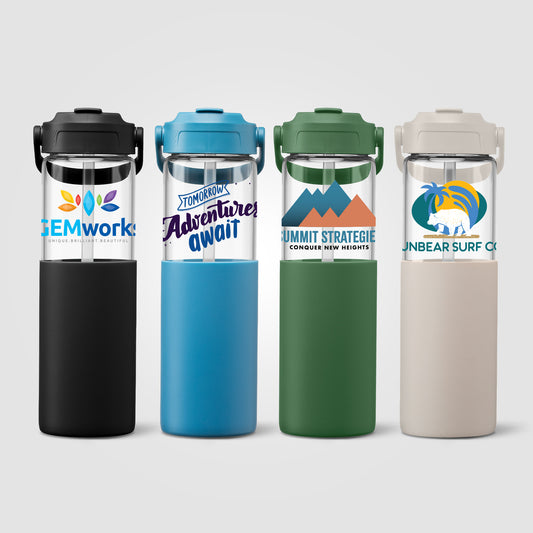 Gourde Juno en verre avec manchon silicone et paille – 590 ml