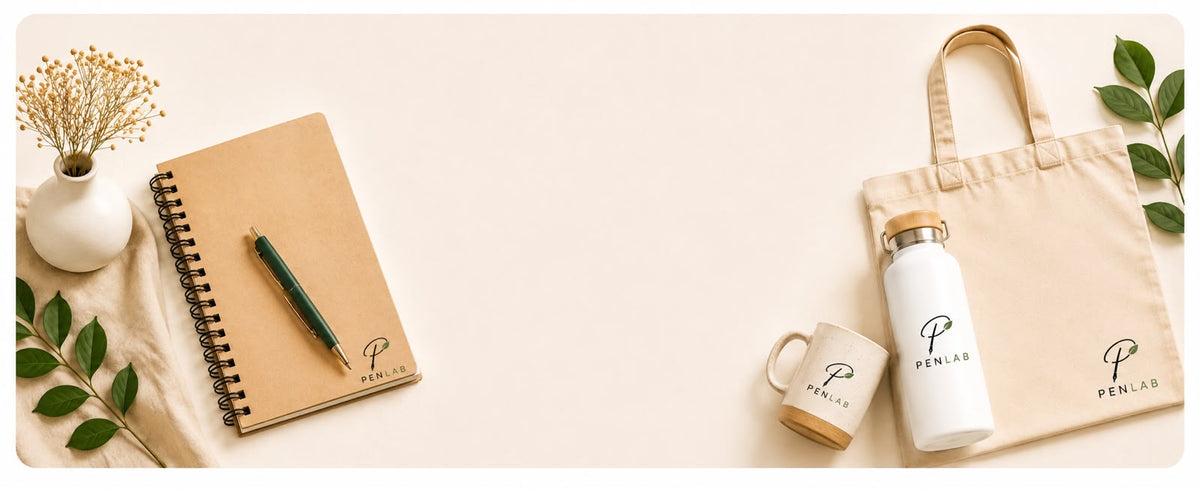 Sélection de goodies personnalisés Penlab : carnet et stylo en matériaux recyclés, gourde en inox, tote bag en coton, mug en céramique